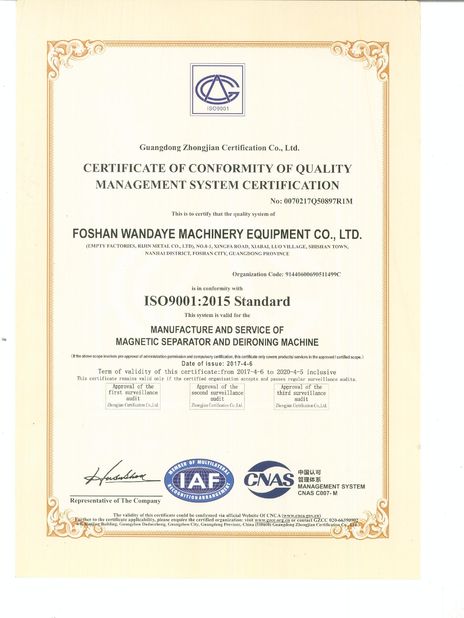 China Foshan Wandaye Machinery Equipment Co.,Ltd Zertifizierungen